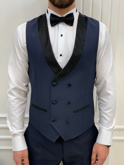 Eden Navy Blue Slim Fit Glitter Shawl Lapel Tuxedo