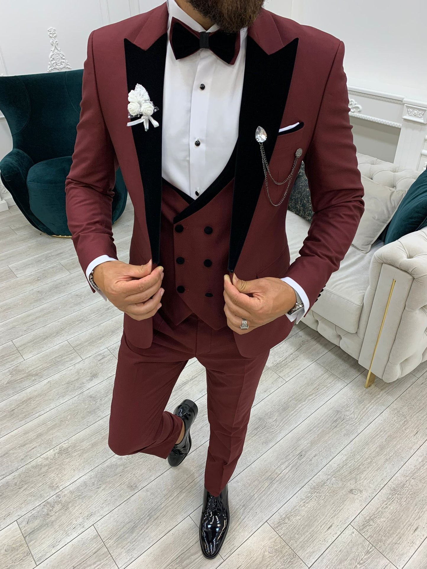 Acacia Burgundy Slim Fit Velvet Peak Lapel Tuxedo