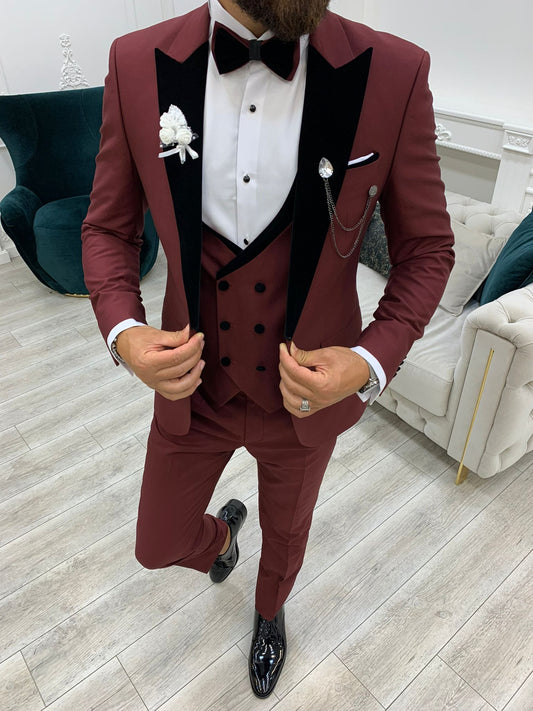Acacia Burgundy Slim Fit Velvet Peak Lapel Tuxedo