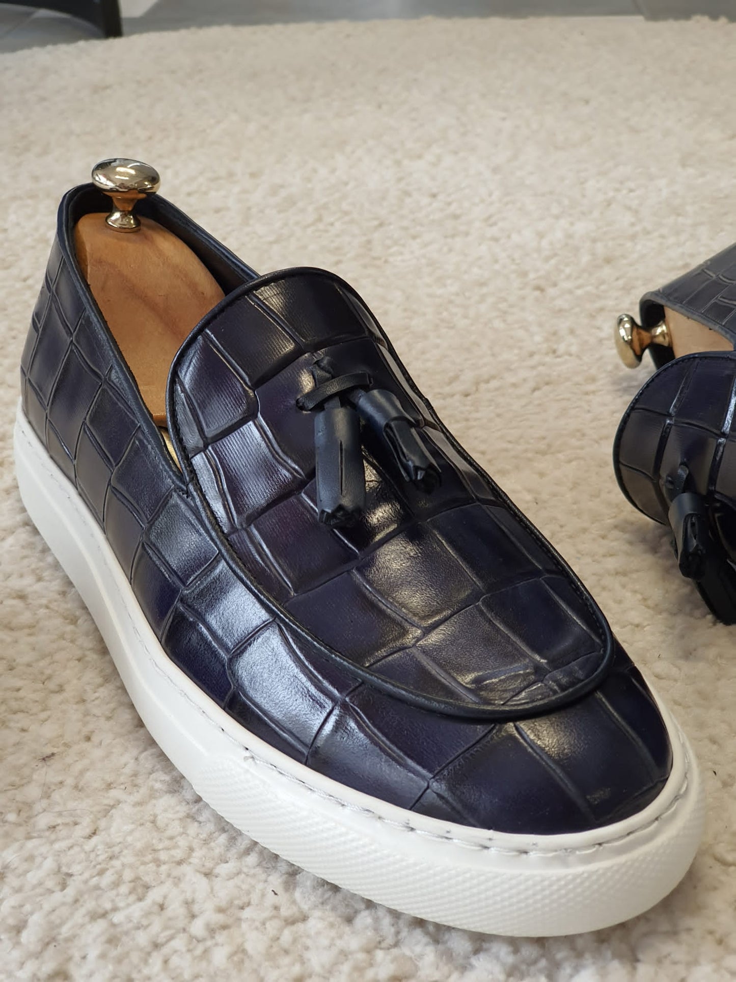 Berton Navy Blue Tassel Loafers: Sophisticated Elegance