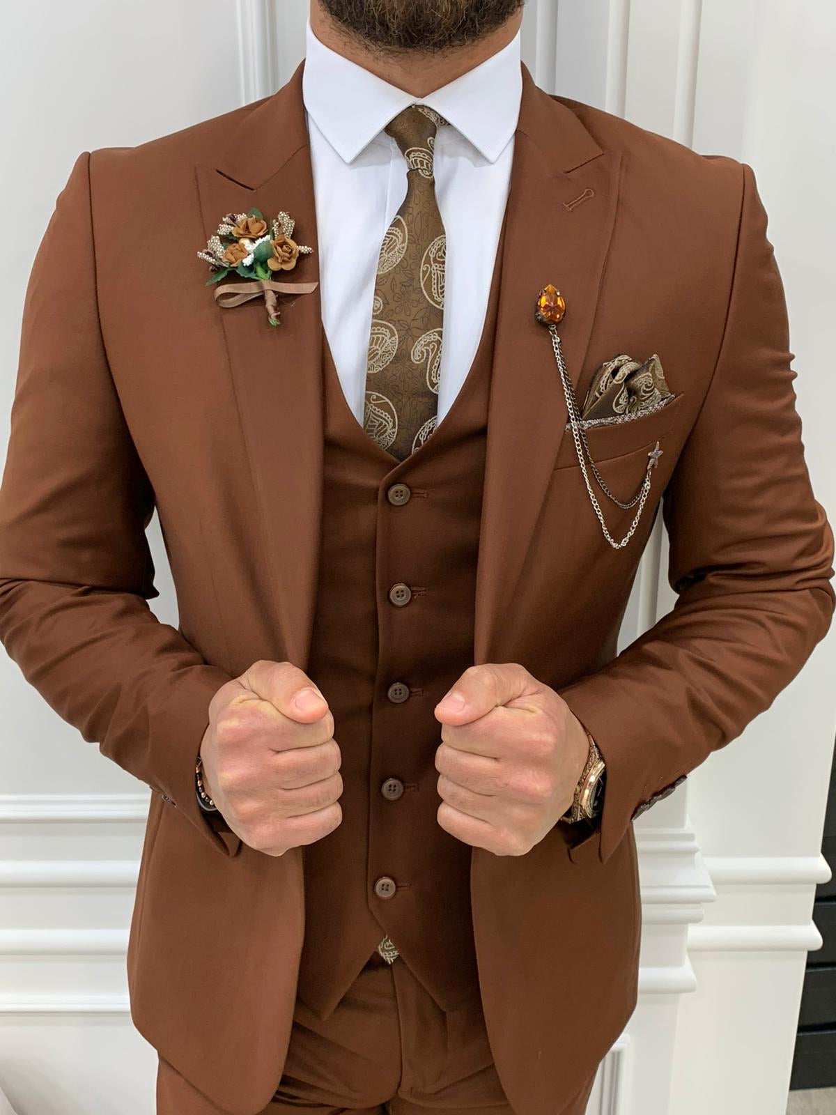 Lance Brown Slim Fit Three-Piece Suit