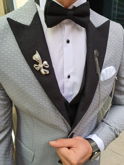 VillaNova Gray Slim Fit Patterned Tuxedo