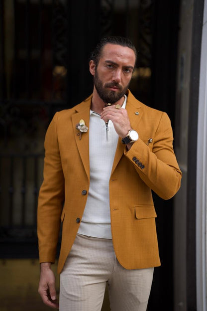 Light Mustard Slim Fit Notch Lapel Cotton Blazer for Effortless Elegance