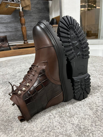 Lenzi Special Edition Zippered Croc Theme Leather Brown Boots