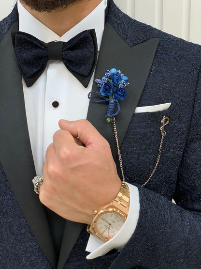 Caesar Navy Blue Slim Fit Peak Lapel Floral Patterned Tuxedo