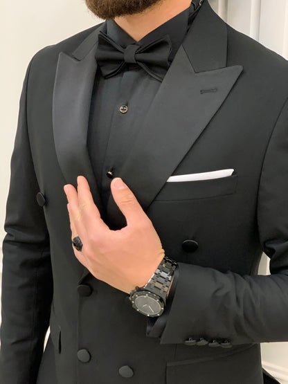 Forte Black Slim Fit Double Breasted Peak Lapel Tuxedo