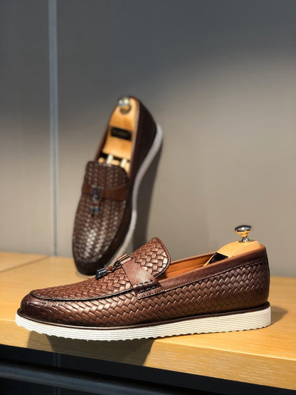 Odessa Brown Woven Leather Tassel Loafer