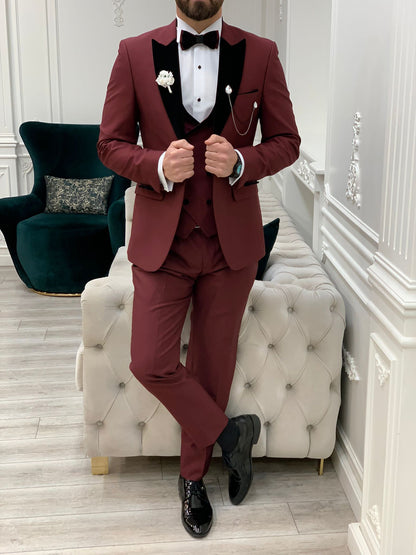Eden Burgundy Slim Fit Velvet Peak Lapel Tuxedo