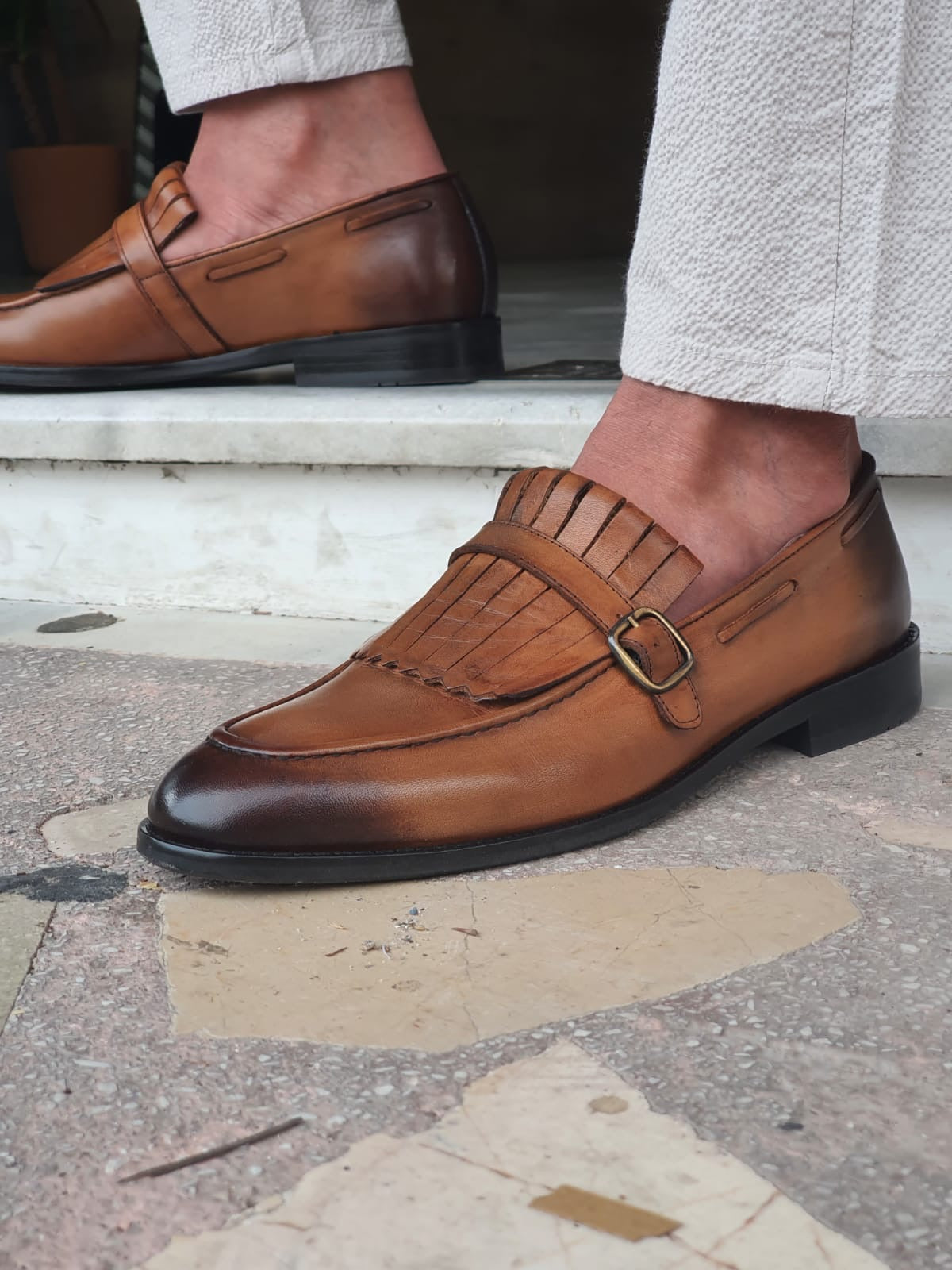 Bristol Tan Buckle Detailed Leather Loafers