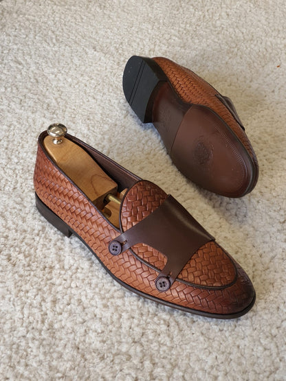 Bristol Tan Woven Leather Double Monk Strap Loafers