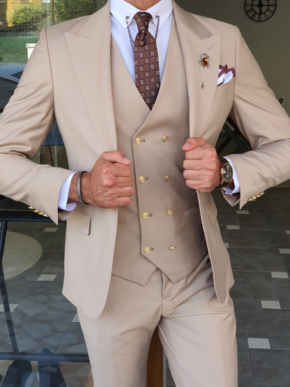 Boston Beige Slim Fit Peak Lapel Wool Suit - Elevate Your Wardrobe