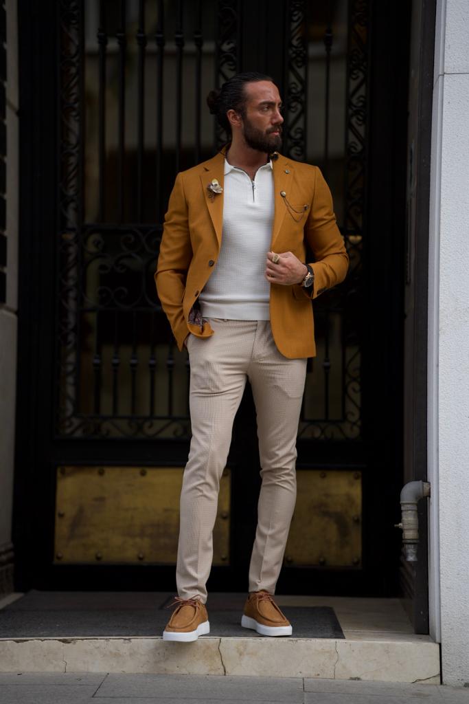 Light Mustard Slim Fit Notch Lapel Cotton Blazer for Effortless Elegance