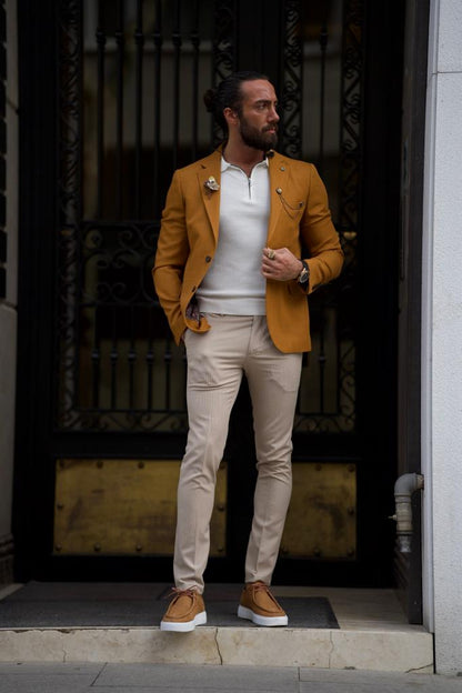 Light Mustard Slim Fit Notch Lapel Cotton Blazer for Effortless Elegance
