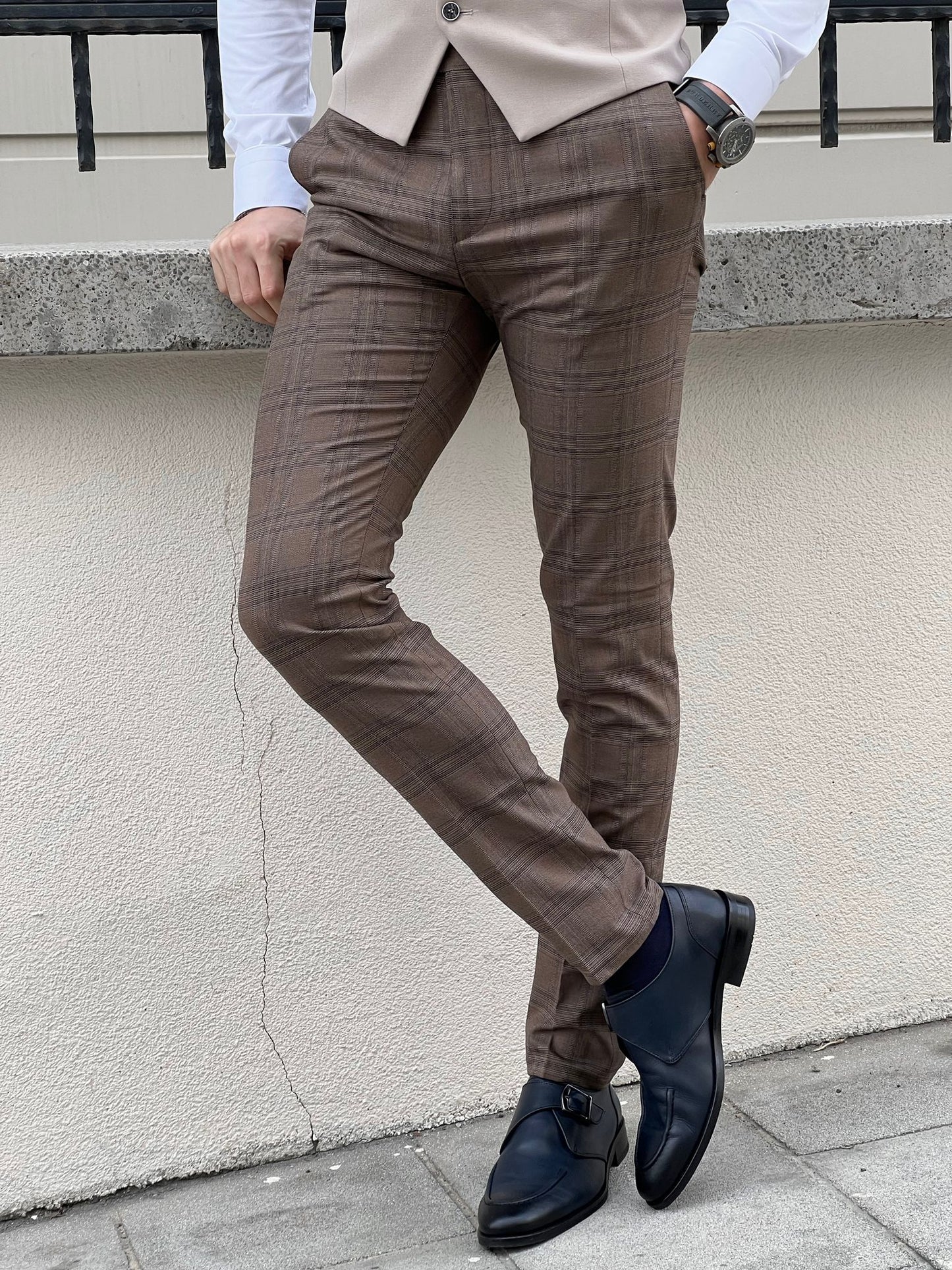 Fabio Brown Plaid Slim Fit Woolen Pants
