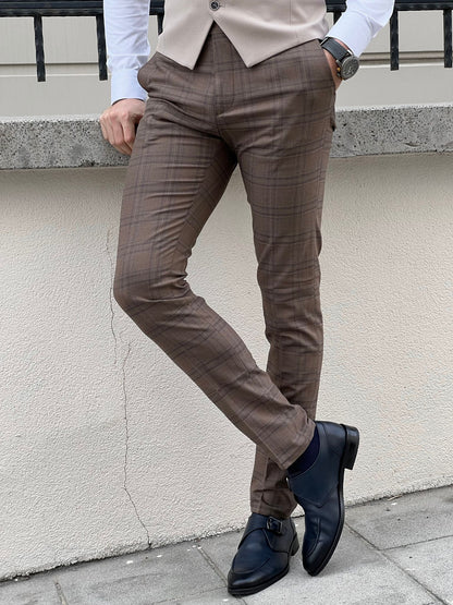 Fabio Brown Plaid Slim Fit Woolen Pants