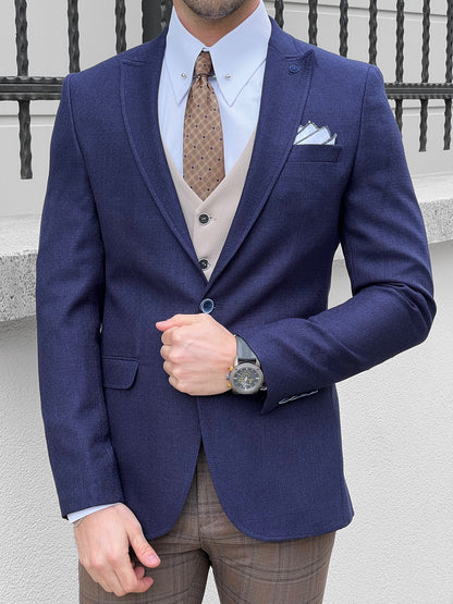 Eros Navy Blue Slim Fit Peak Lapel Wool Blazer