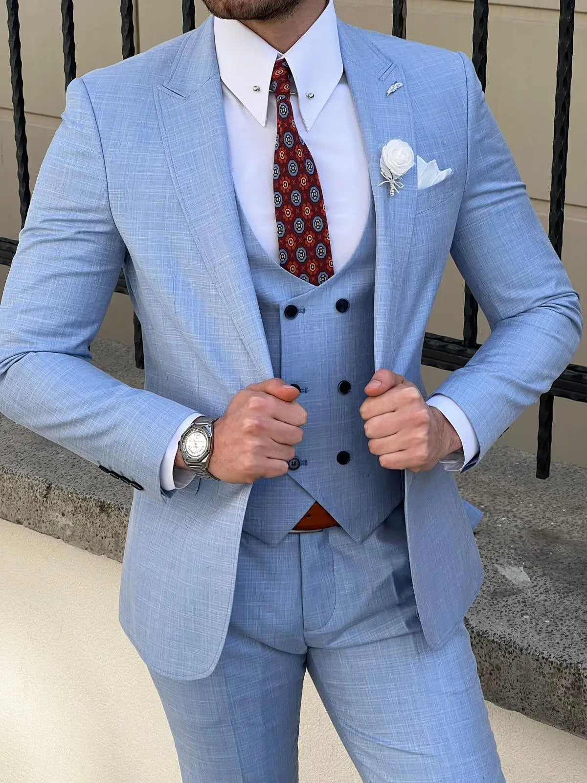 Edmond Sky Blue Slim Fit Peak Lapel Wool Suit: Elegance Redefined BOJONI