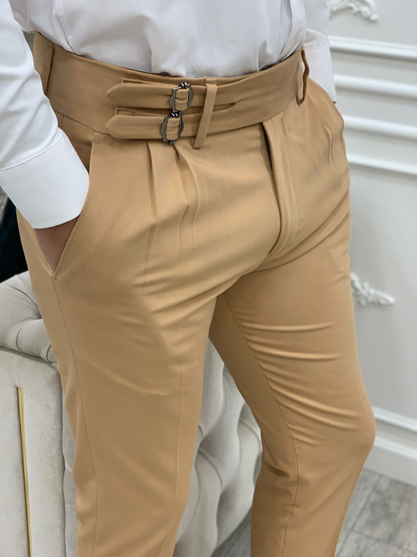Tan Buckled Canvas Trousers for Every Occasion