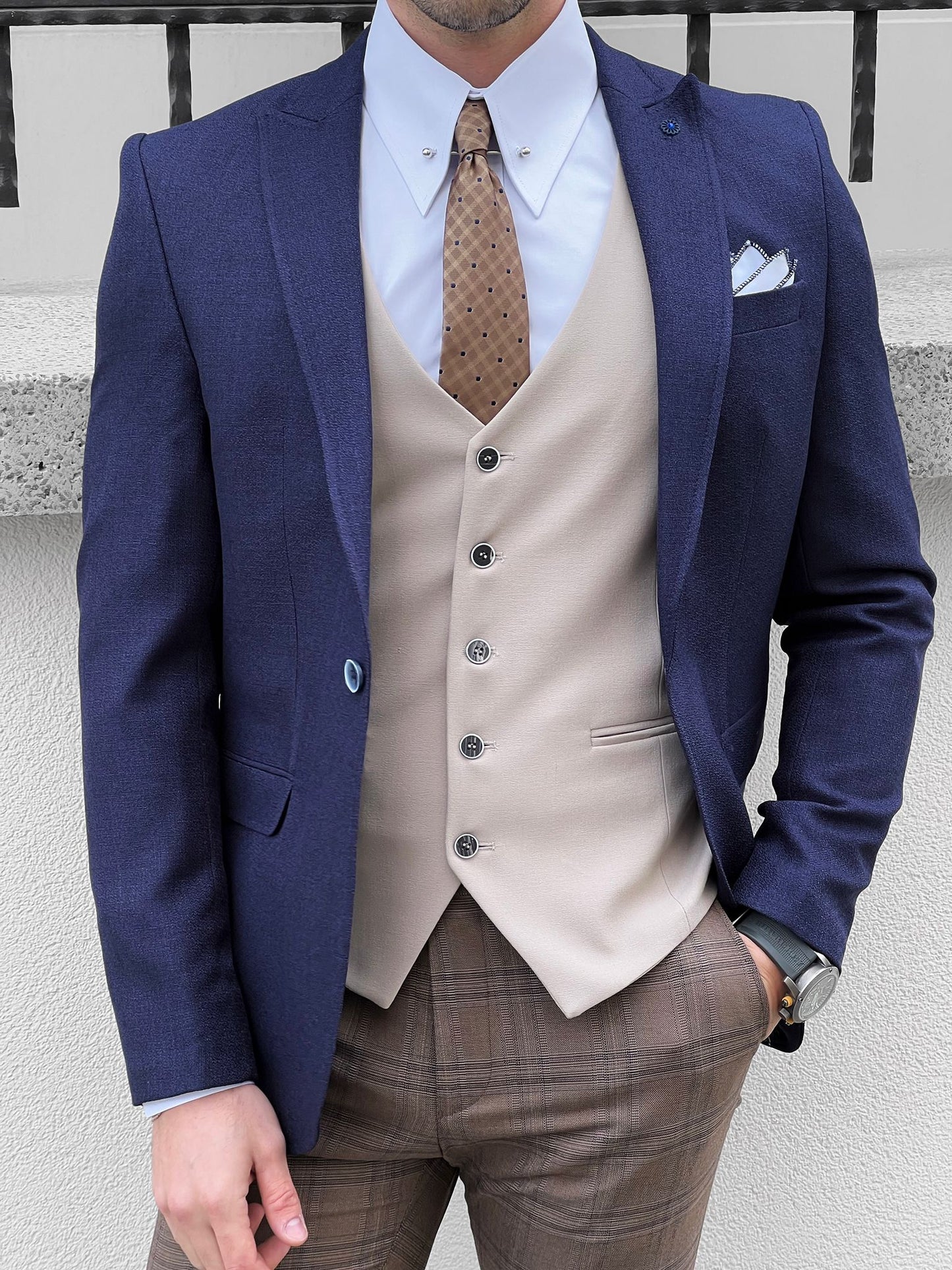 Eros Navy Blue Slim Fit Peak Lapel Wool Blazer