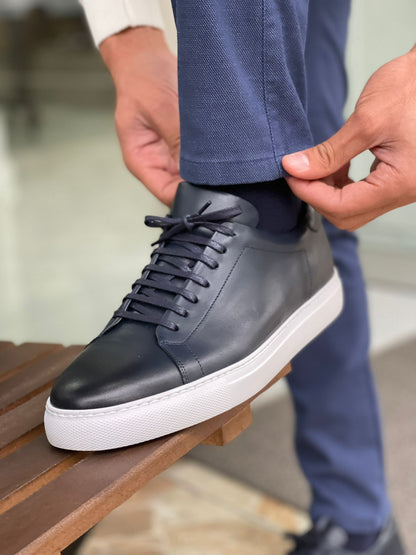 Martin Navy Blue Lace-Up Mid-Top Sneakers: The Perfect Blend of Style and Comfort