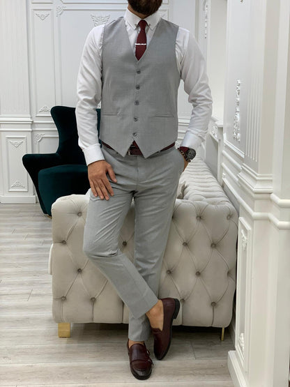 Lambrusco Dark Gray Slim Fit Peak Lapel Striped Suit