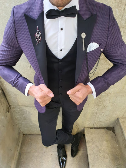 VillaNova Purple Slim Fit Patterned Tuxedo