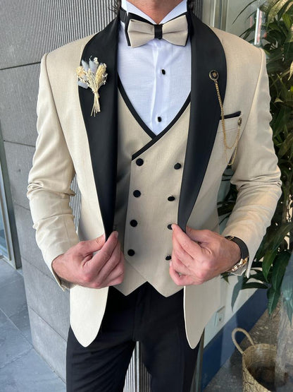 Bensen Slim Fit Mono Collared Beige Groom Suit