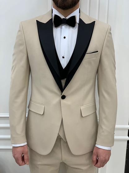 Marbel Beige Slim Fit Velvet Peak Lapel Tuxedo