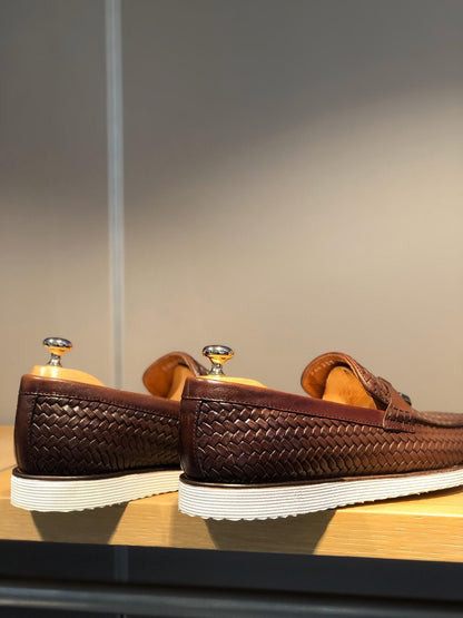 Odessa Brown Woven Leather Tassel Loafer