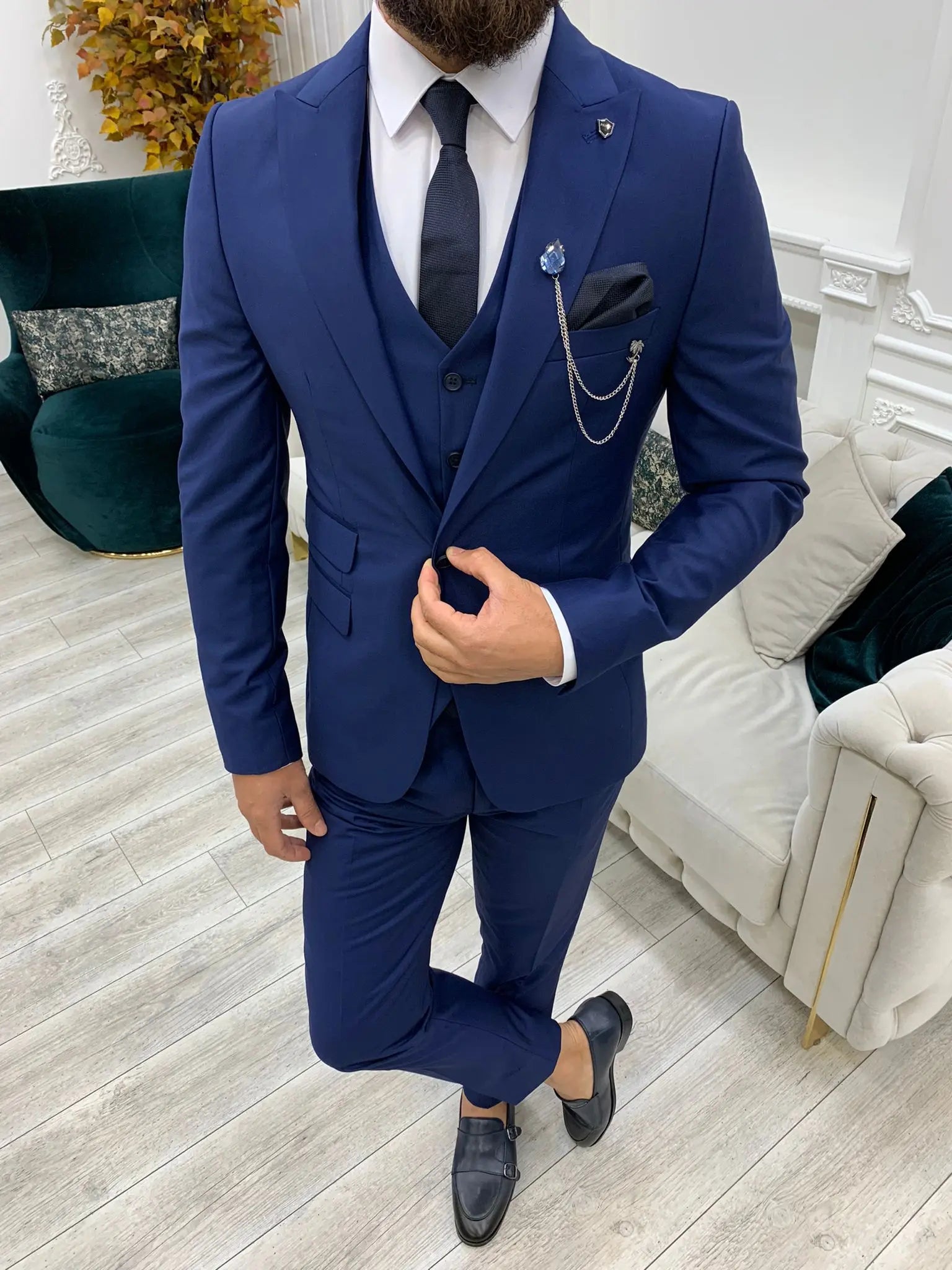 Men's Navy Blue Slim Fit Peak Lapel Suit - The Perfect Choice for Every Occasion BOJONI