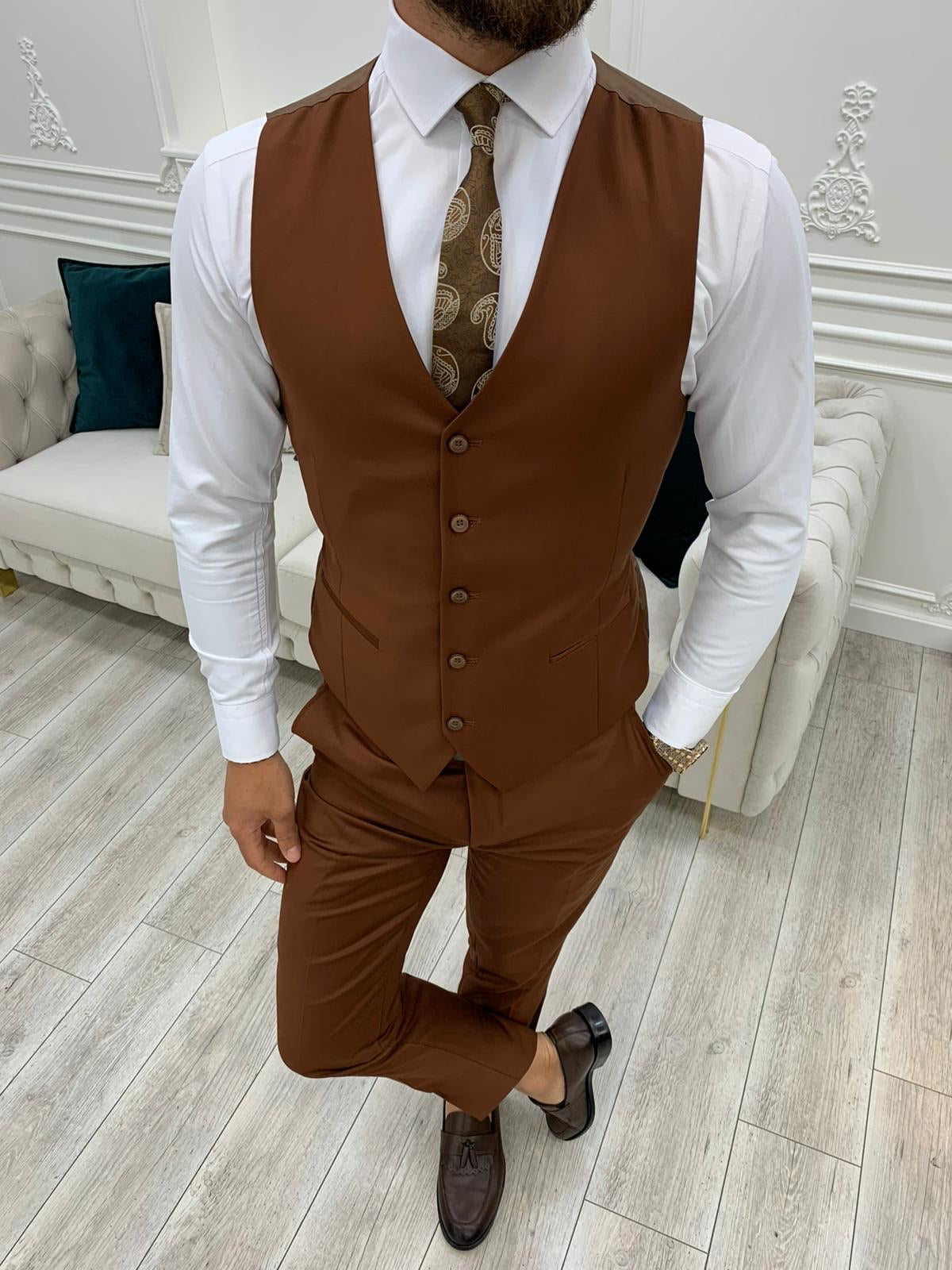 Lance Brown Slim Fit Three-Piece Suit