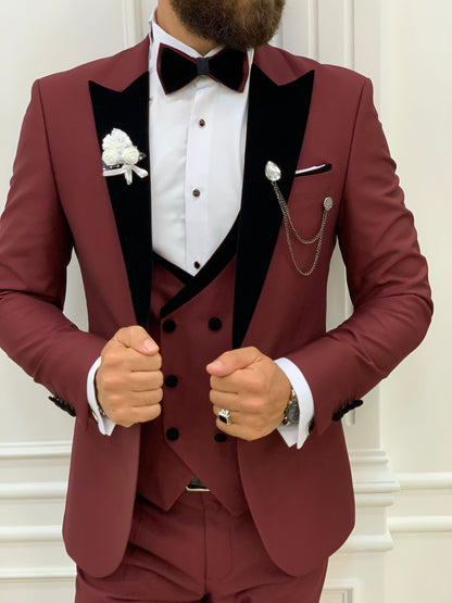 Acacia Burgundy Slim Fit Velvet Peak Lapel Tuxedo