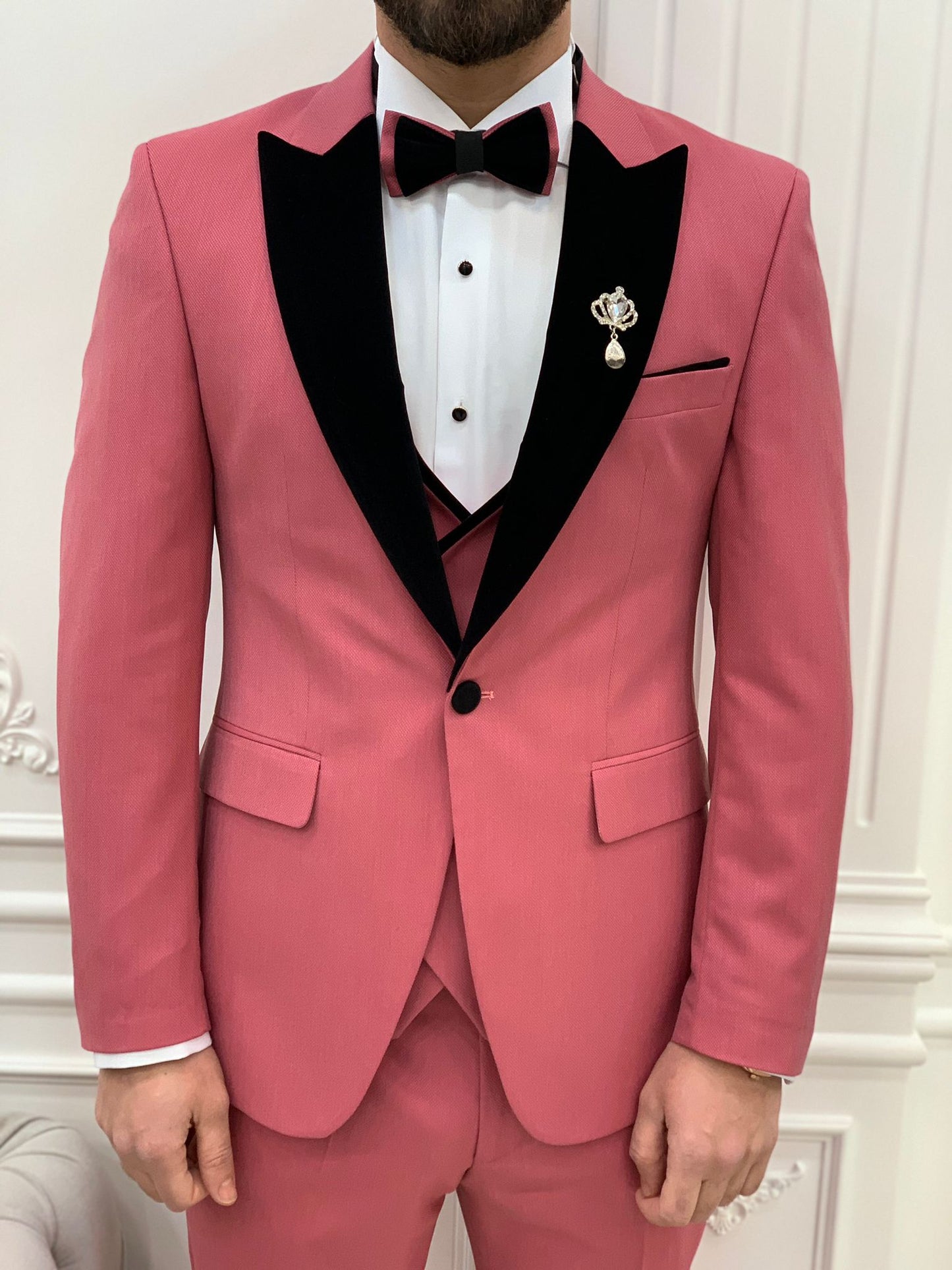 Eden Pink Slim Fit Velvet Peak Lapel Tuxedo for Men