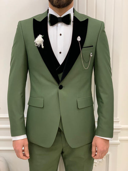 Eden Light Green Slim Fit Velvet Peak Lapel Tuxedo