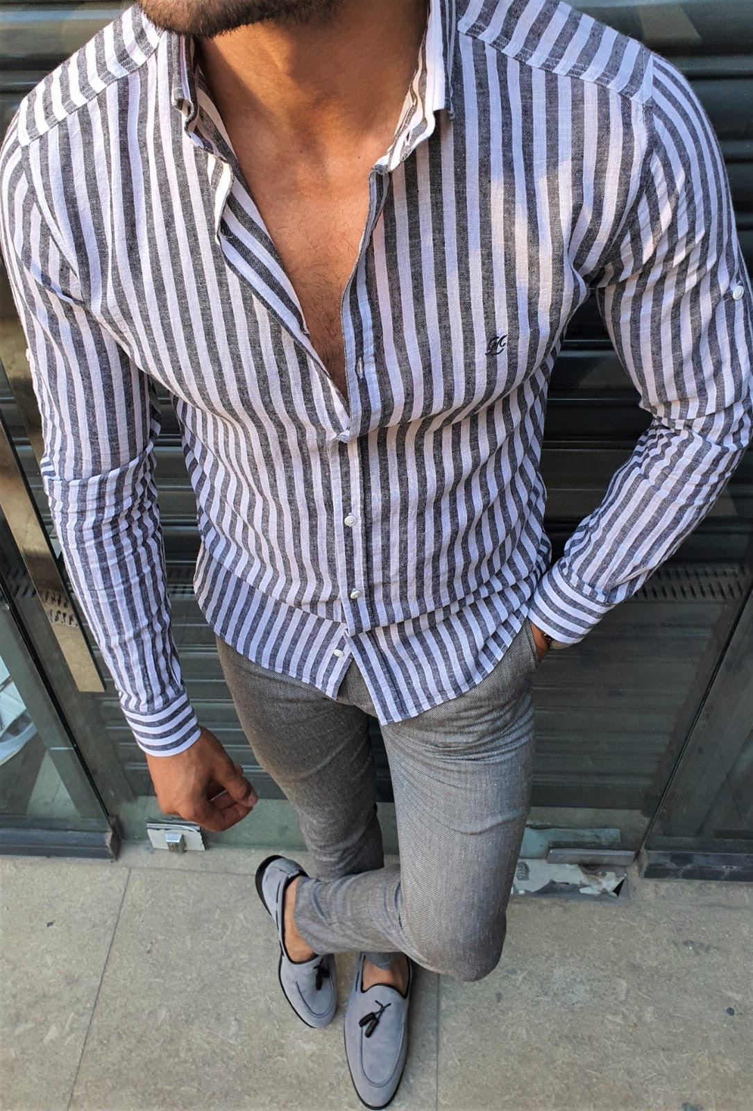 Brabion Stefano Gray Striped Slim-Fit Shirt