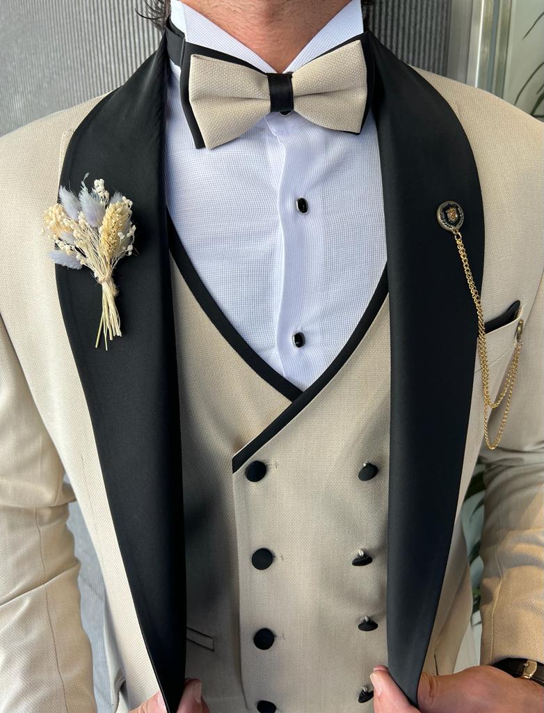 Bensen Slim Fit Mono Collared Beige Groom Suit