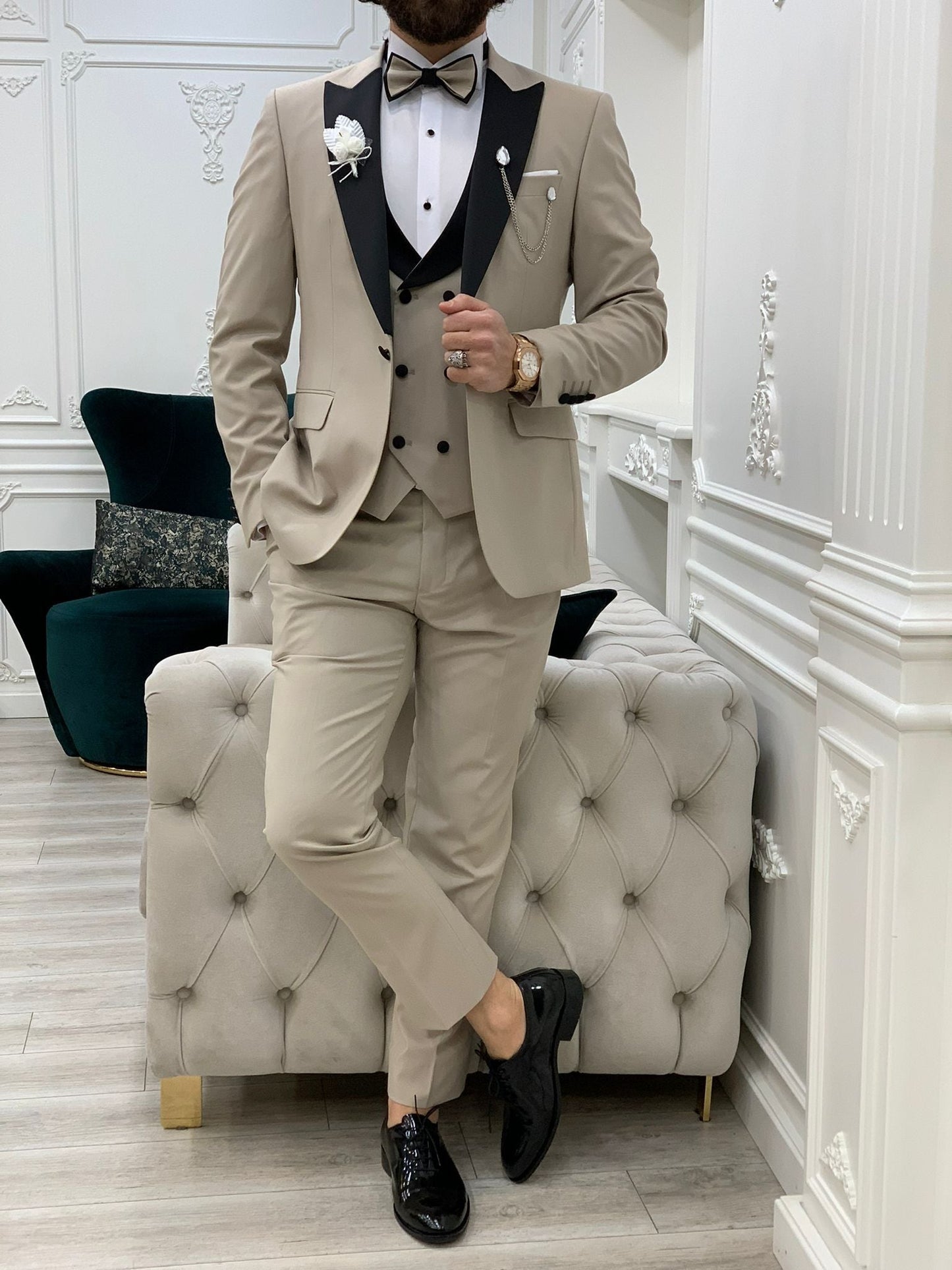 Perris Beige Slim Fit Tuxedo - Elevate Your Formal Style