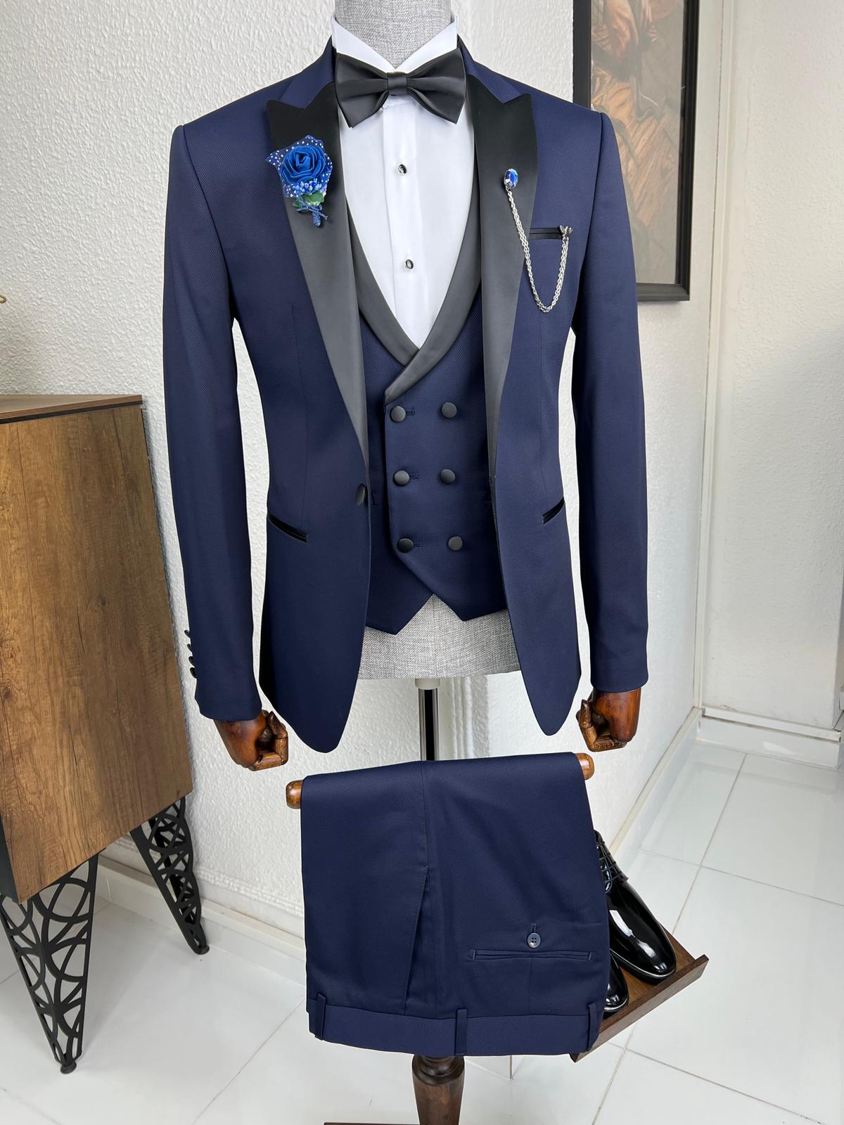Bensen Slim Fit Patterned Navy Blue Dovetail Collared Tuxedo