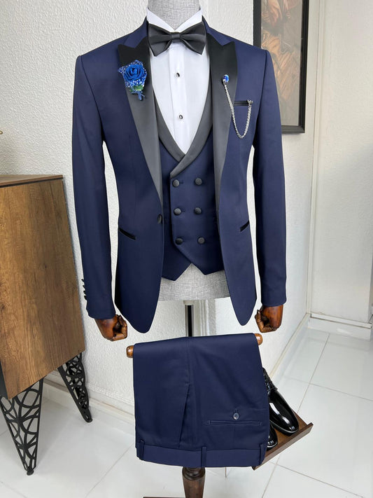 Bensen Slim Fit Patterned Navy Blue Dovetail Collared Tuxedo