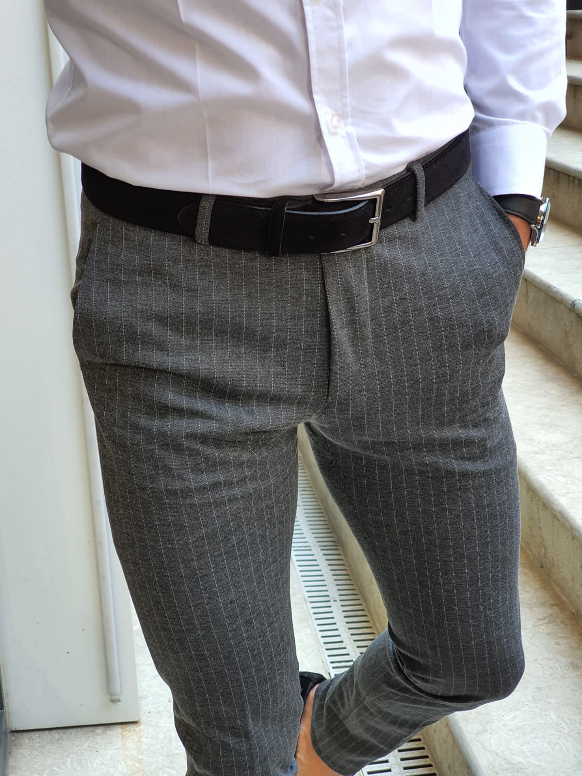 Oakland Anthracite Slim Fit Pinstripe Pants