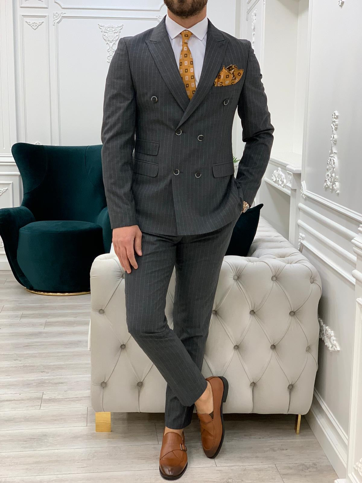 Milano Gray Slim Fit Double Breasted Pinstripe Suit