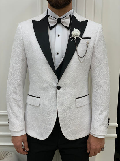 Caesar White Slim Fit Peak Lapel Floral Patterned Tuxedo