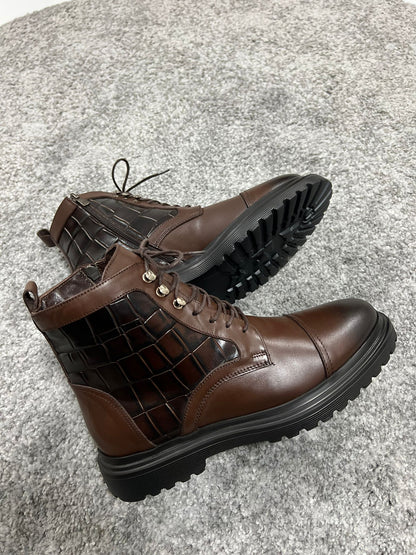 Lenzi Special Edition Zippered Croc Theme Leather Brown Boots