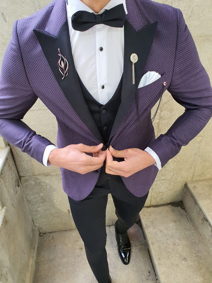 VillaNova Purple Slim Fit Patterned Tuxedo