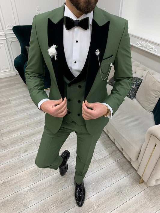 Eden Light Green Slim Fit Velvet Peak Lapel Tuxedo