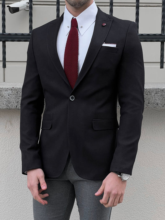 Eros Black Slim Fit Peak Lapel Wool Blazer
