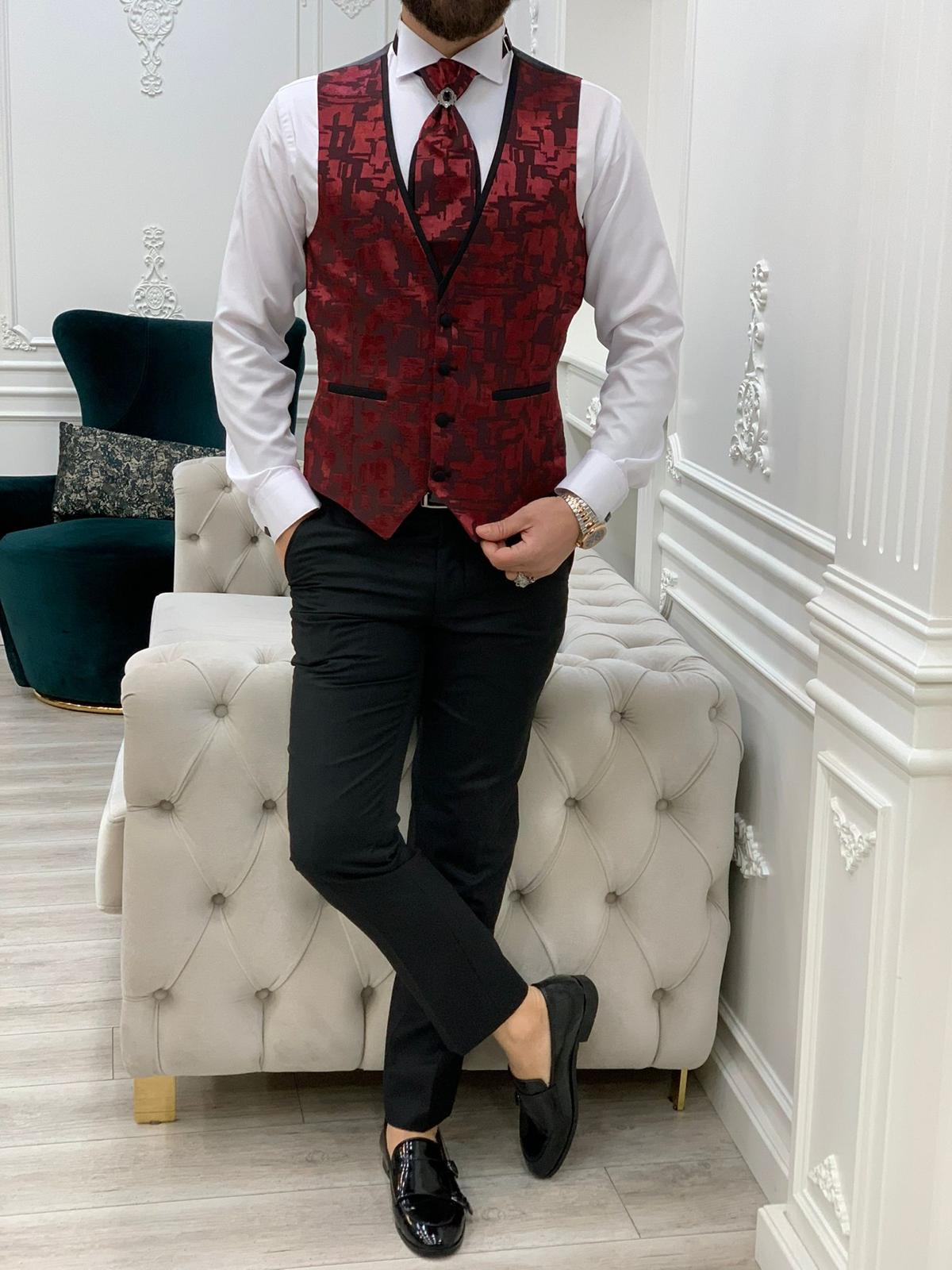 Paris Burgundy Black Slim Fit Peak Lapel Wedding Suit