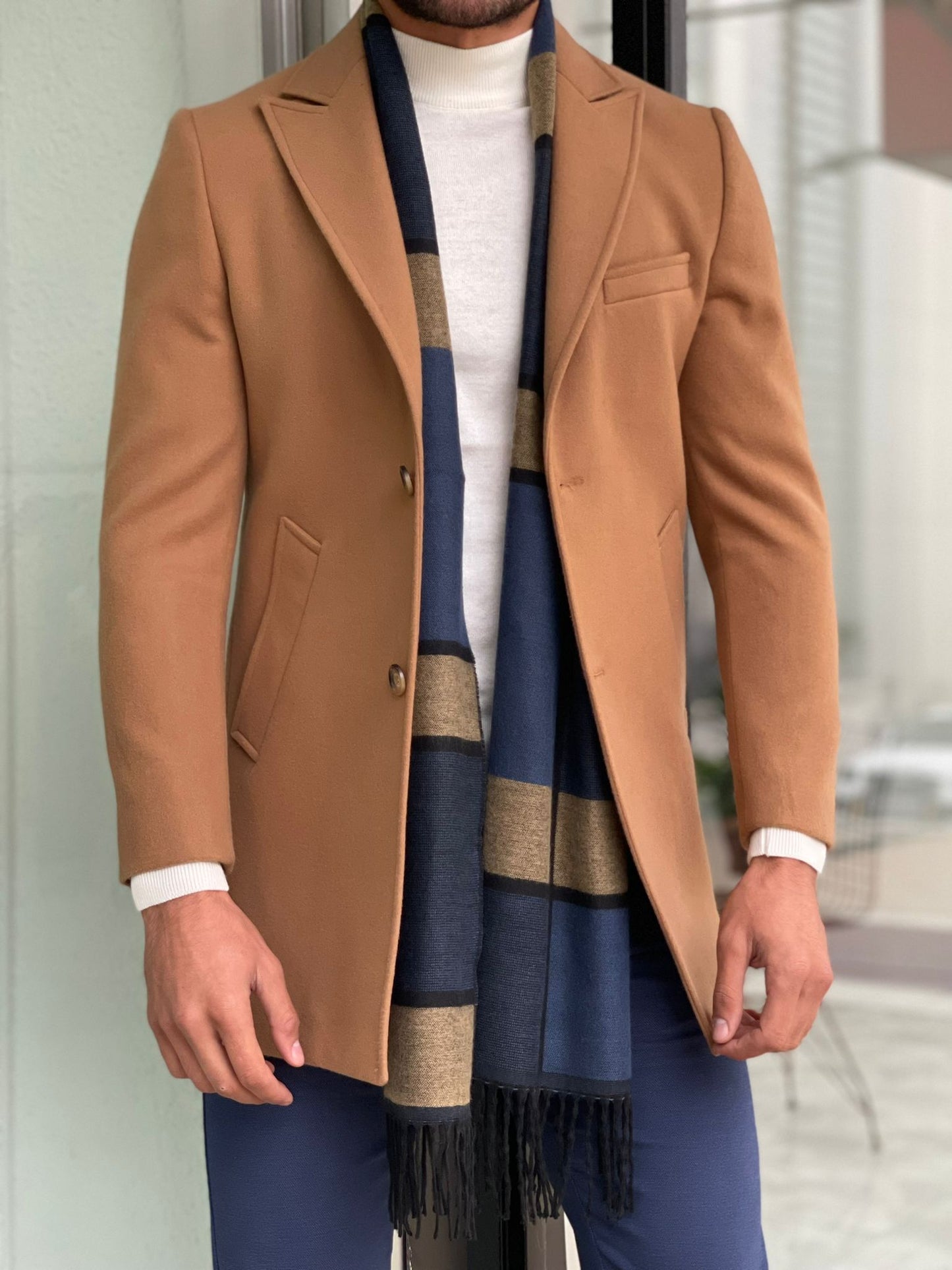 Viena Camel Slim Fit Wool Long Coat