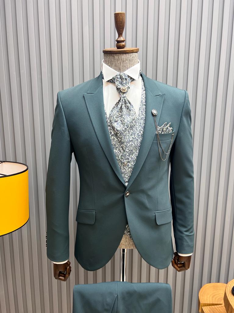 Sorento Green Slim Fit Floral Peak Lapel Groom Suit