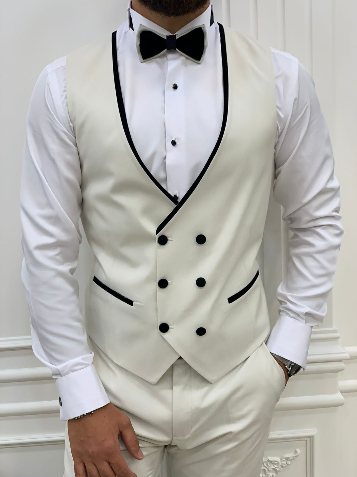 Acacia White Slim Fit Velvet Peak Lapel Tuxedo - Elevate Your Formal Wardrobe
